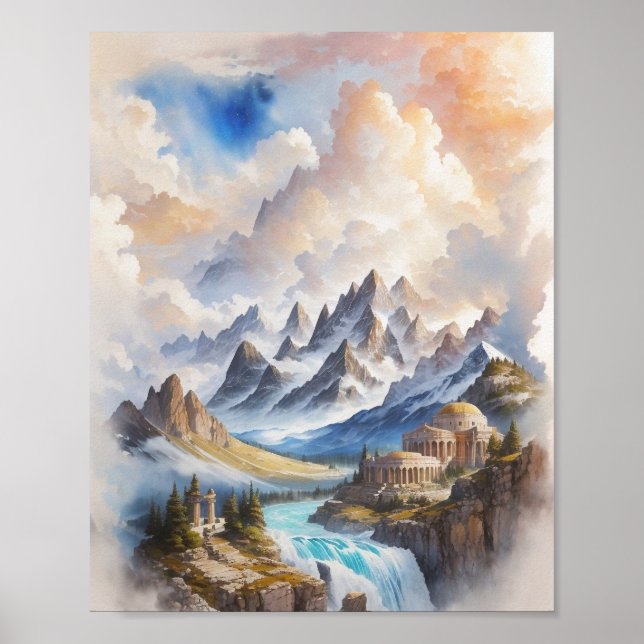 Póster Monte Olimpo en una majestuosa pintura acuarela (Frente)