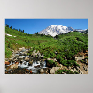 Póster Monte Rainier, cascada, cubierto de nieve