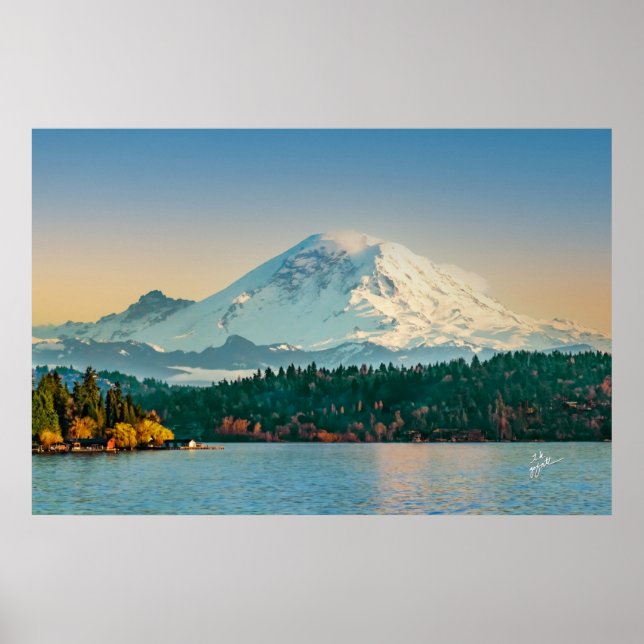 Póster Monte Rainier sobre el Bella Artes Sunset de Lake  (Frente)