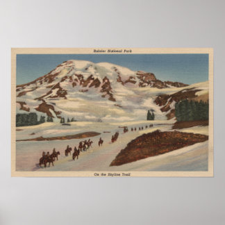 Póster Monte Rainier, WA - Hombres a caballo en Skyline