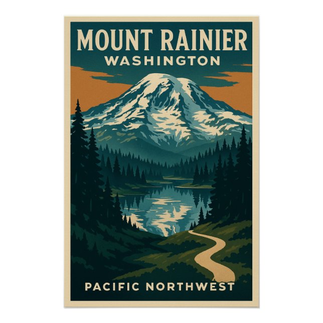 Póster Monte Rainier, Washington viaje  (Anverso)