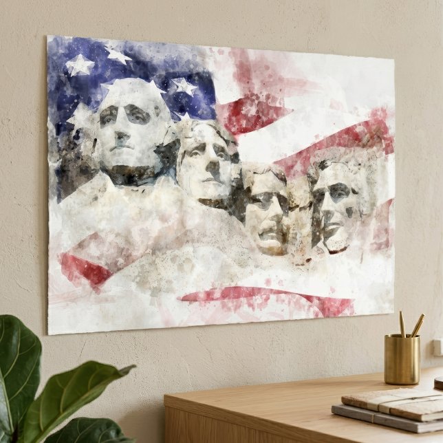 Póster Monte Rushmore Acuarela con Bandera Americana (Mount Rushmore Watercolor with American Flag. Poster)