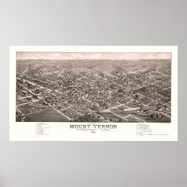 Póster Monte Vernon, mapa panorámico IL - 1881 (Frente)