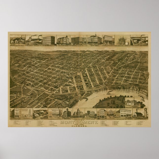 Póster Montgomery Alabama 1887 Mapa Panorámico Antiguo (Frente)