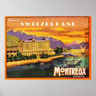 Póster Montreux, lago Ginebra, Suiza, viaje vintage