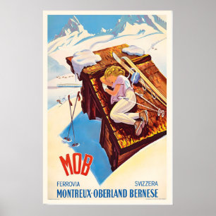 Póster Montreux-Oberland Bernés Suiza Esquí Vintage