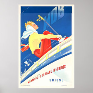 Póster Montreux Oberland Bernois Suiza Esquí Vintage