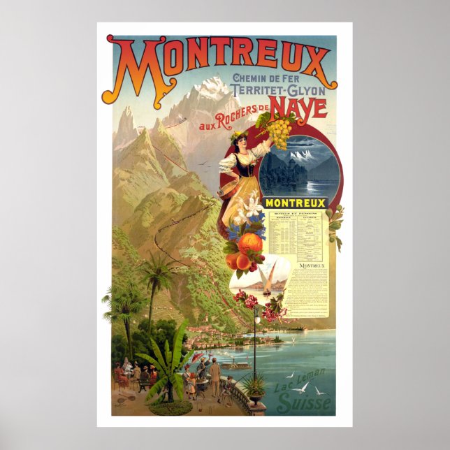 Póster Montreux, Suiza, Viajes Antiguos (Frente)
