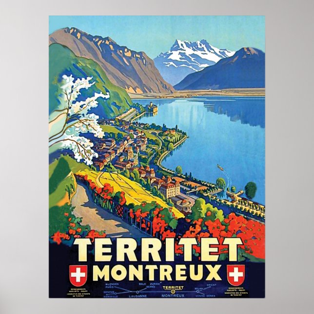 Póster Montreux, vista aérea, montañas, lago, Suiza (Frente)