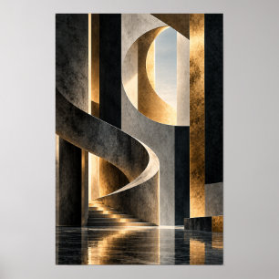 Póster Monumento Geométrico Arquitectónico en Negro y Dor