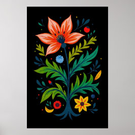 Póster Moody Black Boho Floral Tree Folk Art