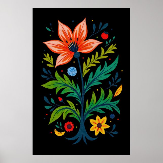 Póster Moody Black Boho Floral Tree Folk Art (Frente)