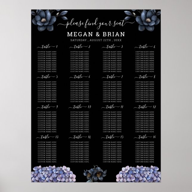 Póster Moody Black Floral Classic Wedding Seating Chart (Frente)