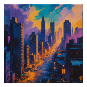 Póster Moody Cityscape en el atardecer con luces de neón