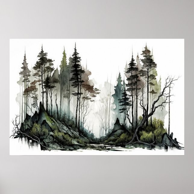 Póster Moody Dark Forest Watercolor (Frente)