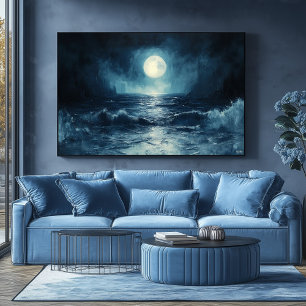 Póster Moody Ocean Moonlight Scene with Waves Crashing