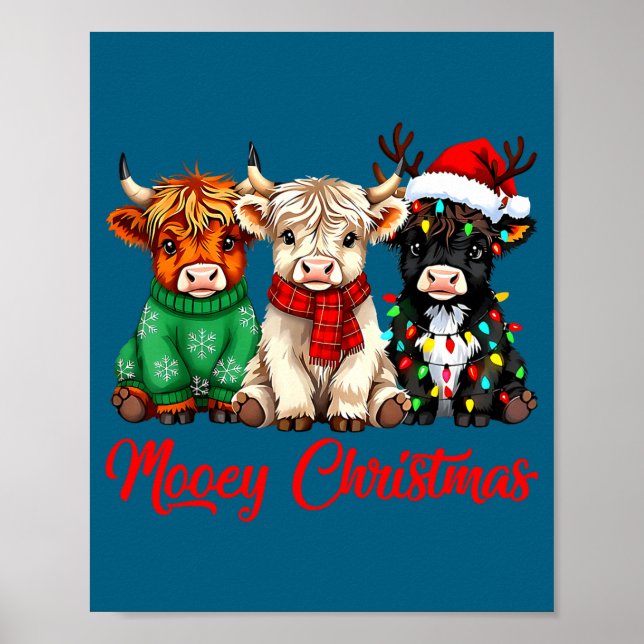 Póster Mooey Christmas Lights Santa Hat Xmas Highland Cow (Frente)