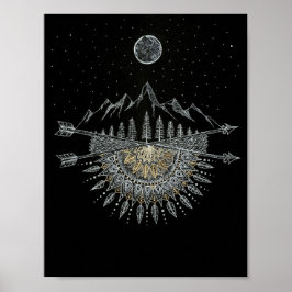 Póster Moon and Stars Night Sky Mountain Range Mandala