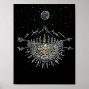 Póster Moon and Stars Night Sky Mountain Range Mandala