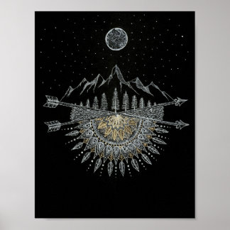 Póster Moon and Stars Night Sky Mountain Range Mandala