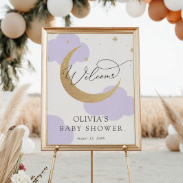 Póster Moon and Stars Purple Baby Shower Welcome Sign