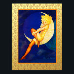 Póster Moon azul vintage<br><div class="desc">Esta es una imagen vintage de una deco dama sentada en el suelo admirando sus medias. Lo he respaldado con un patrón de arte deco en oro. Esta es una hermosa imagen vintage. Me encanta su pelo dorado. Sería una gran impresión para tu pared.</div>