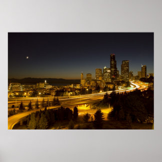 Póster Moon Over Seattle Downtown Skyline
