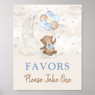 Póster Moon Teddy Bear Globos Azules Marrones Favorece el