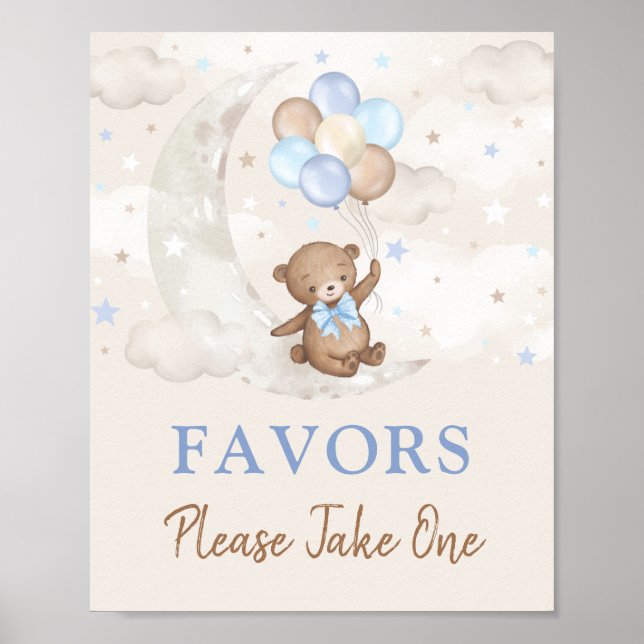 Póster Moon Teddy Bear Globos Azules Marrones Favorece el (Frente)