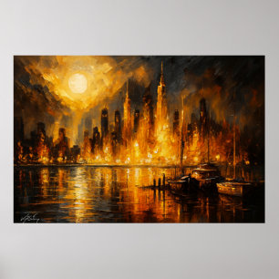 Póster Moonfire Skyline - Paisaje urbano ardiente bajo lu