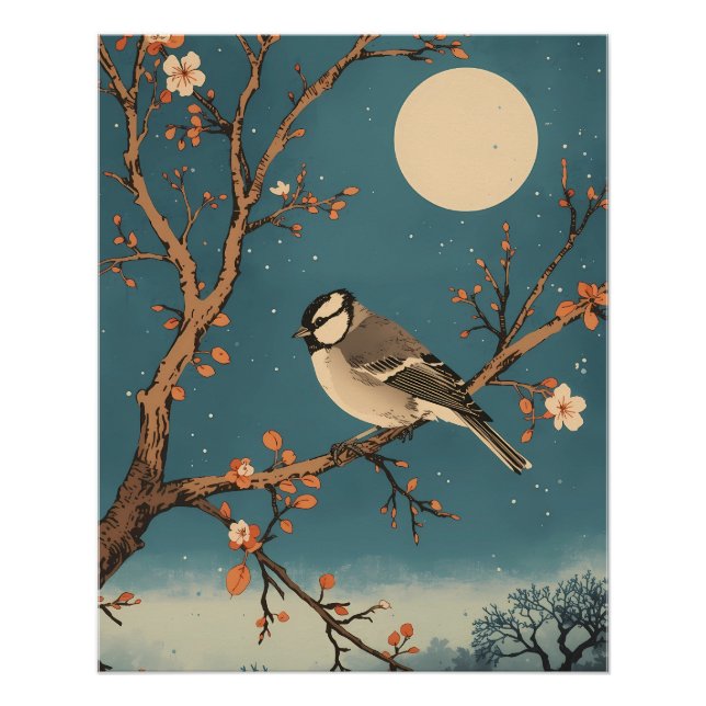 Poster - Moonlit Bird on Blossom Branch (Anverso)
