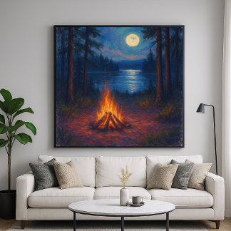 Póster Moonlit Campfire Lake - Pastel Painting Style Art