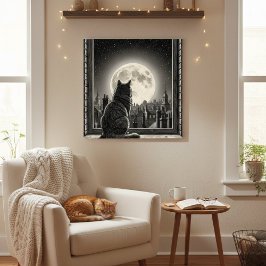 Póster Moonlit Cityscape Cat Poster Black & White Noir
