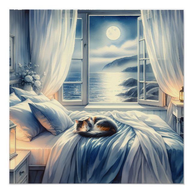 Póster Moonlit Coastal Bedroom with Sleeping Cat (Anverso)
