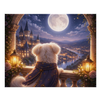 Póster Moonlit Dream – Dog Watching a Magical City