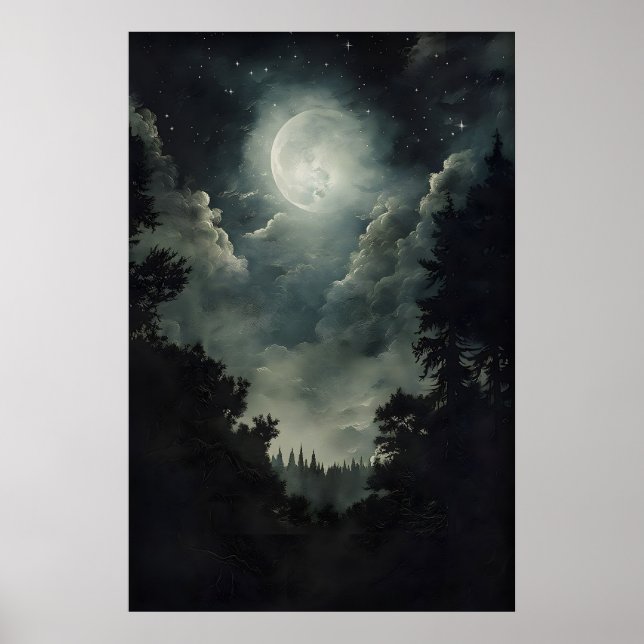 Póster Moonlit Forest Print, Gothic Witchy Decor, Dark (Frente)