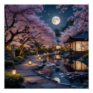 Póster Moonlit Garden: Cherry Blossom Dreams