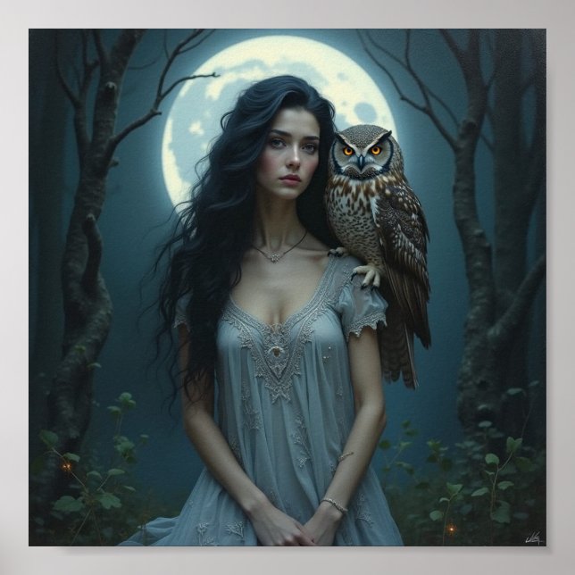 Póster Moonlit Guardian – Fantasy Woman & Owl Art Poster (Frente)
