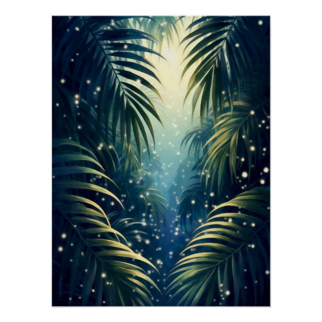 Póster Moonlit palm leaves with fireflies, watercolor (Anverso)