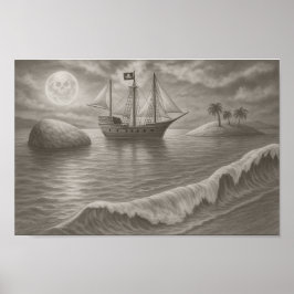 Póster Moonlit Pirate Ship Drawing – Nautical Fantasy