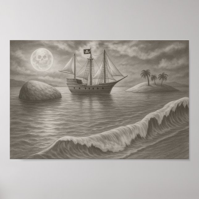 Póster Moonlit Pirate Ship Drawing – Nautical Fantasy (Frente)