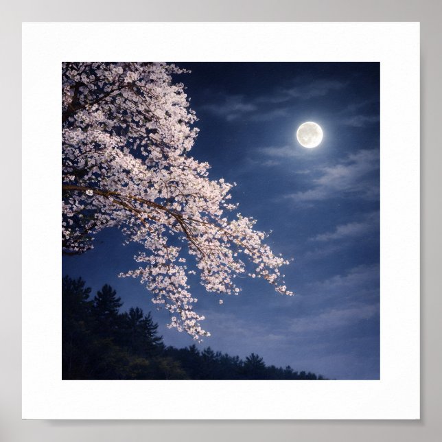 Póster Moonlit Sakura – Cherry Blossoms Under a Full Moon (Frente)