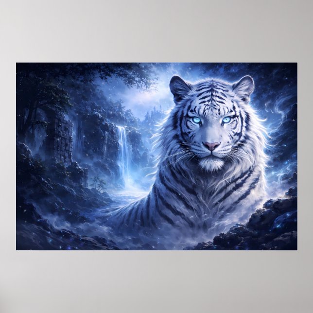 Póster Moonlit White Tiger Guardian – Blue Fantasy Spirit (Frente)