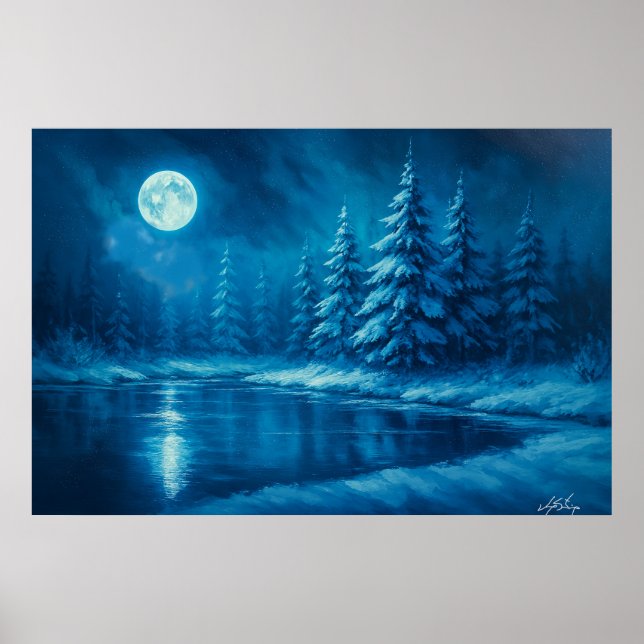 Póster Moonlit Winter Forest by a Lake (Frente)
