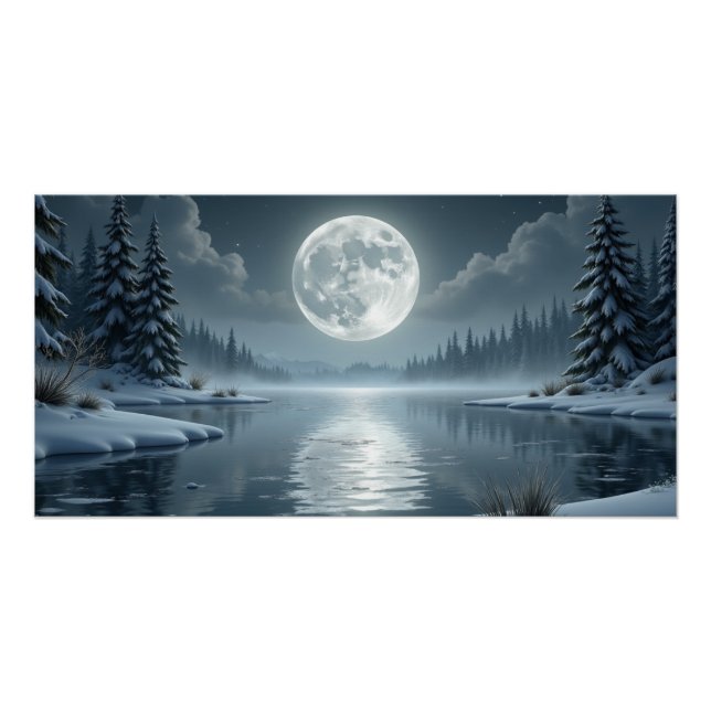 Póster Moonlit Winter Lake – Serene Night Landscape Art (Anverso)