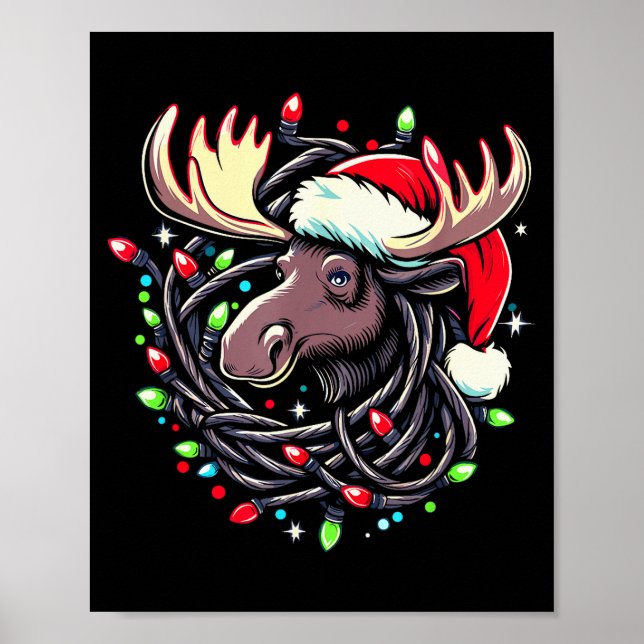 Póster Moose Christmas Santa Hat Lights Moose For Kids Wo (Frente)