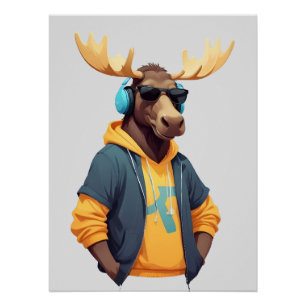 Póster Moose Con Hoodie Funny Carácter Animal De Guay
