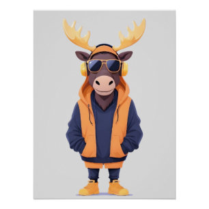 Póster Moose Con Hoodie Funny Carácter Animal De Guay
