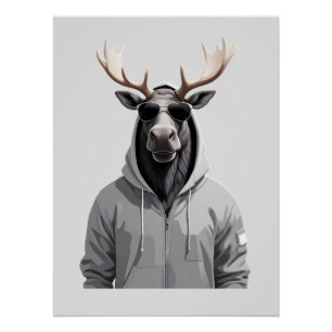 Póster Moose Con Hoodie Funny Carácter Animal De Guay