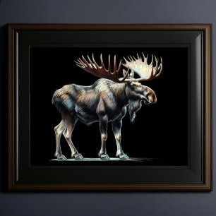 Póster Moose de dibujo de pasto duro